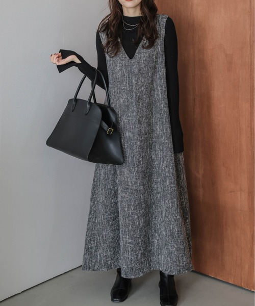AMELY（エミリー）の「ツイードフレアジャンパースカート（ジャンパースカート・レディース・ブラック/ブラウン/オフホワイト・フリー）」の7枚目の写真
