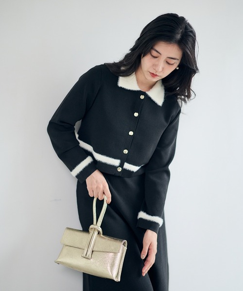 12Twelve Agenda（トゥエルブ　アジェンダ）の「シャギー衿ニットワンピース×ノーカラーカーディガンセット（ワンピース・レディース・ブラック/イエロー・M）」の4枚目の写真