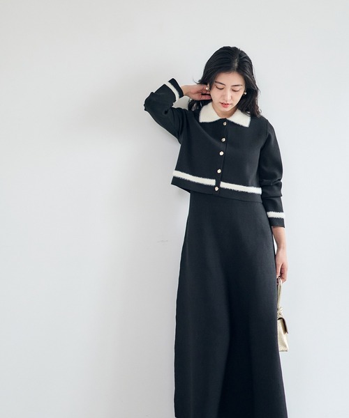 12Twelve Agenda（トゥエルブ　アジェンダ）の「シャギー衿ニットワンピース×ノーカラーカーディガンセット（ワンピース・レディース・ブラック/イエロー・M）」の5枚目の写真