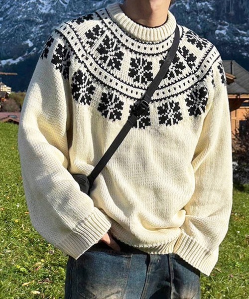 NOWLE（ノウル）の「【NOWLE】ウィンター レトロ ノルディック柄 プルオーバー ニット（ニット/セーター・メンズ・ネイビー/オフホワイト・MEDIUM/LARGE/X-LARGE）」の2枚目の写真