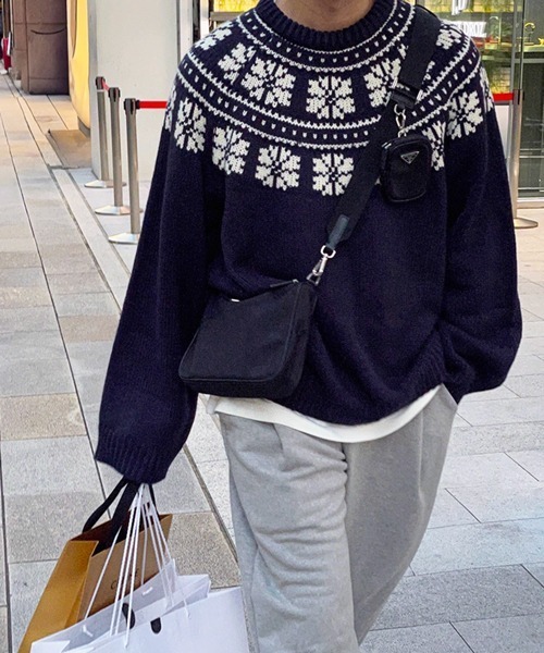 NOWLE（ノウル）の「【NOWLE】ウィンター レトロ ノルディック柄 プルオーバー ニット（ニット/セーター・メンズ・ネイビー/オフホワイト・MEDIUM/LARGE/X-LARGE）」の10枚目の写真