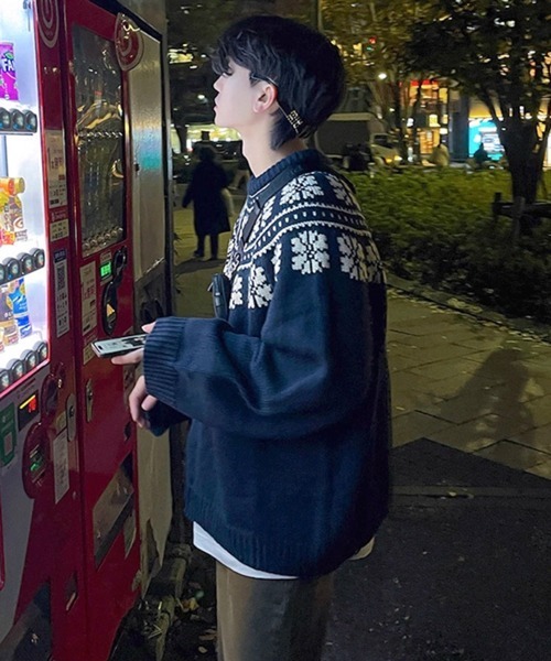 NOWLE（ノウル）の「【NOWLE】ウィンター レトロ ノルディック柄 プルオーバー ニット（ニット/セーター・メンズ・ネイビー/オフホワイト・MEDIUM/LARGE/X-LARGE）」の13枚目の写真