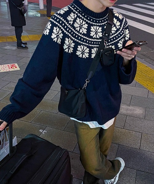 NOWLE（ノウル）の「【NOWLE】ウィンター レトロ ノルディック柄 プルオーバー ニット（ニット/セーター・メンズ・ネイビー/オフホワイト・MEDIUM/LARGE/X-LARGE）」の19枚目の写真