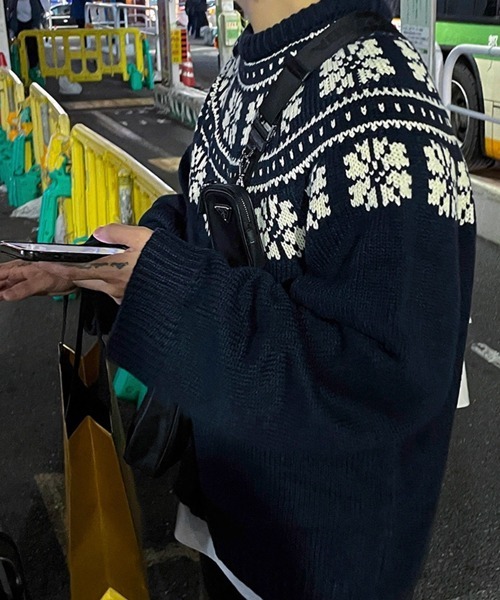 NOWLE（ノウル）の「【NOWLE】ウィンター レトロ ノルディック柄 プルオーバー ニット（ニット/セーター・メンズ・ネイビー/オフホワイト・MEDIUM/LARGE/X-LARGE）」の20枚目の写真