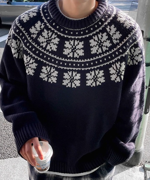 NOWLE（ノウル）の「【NOWLE】ウィンター レトロ ノルディック柄 プルオーバー ニット（ニット/セーター・メンズ・ネイビー/オフホワイト・MEDIUM/LARGE/X-LARGE）」の21枚目の写真