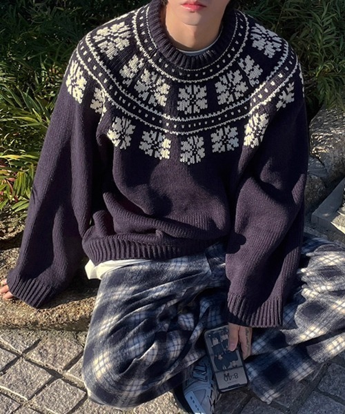 NOWLE（ノウル）の「【NOWLE】ウィンター レトロ ノルディック柄 プルオーバー ニット（ニット/セーター・メンズ・ネイビー/オフホワイト・MEDIUM/LARGE/X-LARGE）」の22枚目の写真