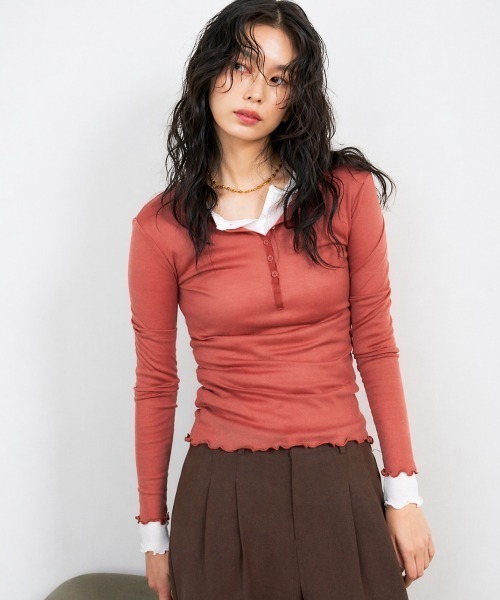 Shelly island(シェリーアイランド)の「ヘンリーシアーロングスリーブTEE(Tシャツ/カットソー・レディース・ブラック/グレー/ホワイト/ピンク・FREE)」の2枚目の写真