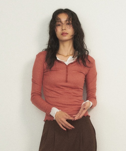 Shelly island(シェリーアイランド)の「ヘンリーシアーロングスリーブTEE(Tシャツ/カットソー・レディース・ブラック/グレー/ホワイト/ピンク・FREE)」の6枚目の写真