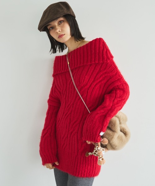 MIRROR STOKE（ミラーストーク）の「【ZOZO限定】2WAY CABLE OFF‐SHOULDER KNIT/ツーウェイケーブルオフショルダーニット（ニット/セーター・レディース・グレー/レッド/アイボリー・MEDIUM）」の16枚目の写真