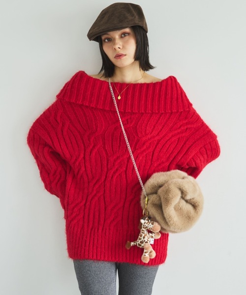 MIRROR STOKE（ミラーストーク）の「【ZOZO限定】2WAY CABLE OFF‐SHOULDER KNIT/ツーウェイケーブルオフショルダーニット（ニット/セーター・レディース・グレー/レッド/アイボリー・MEDIUM）」の10枚目の写真