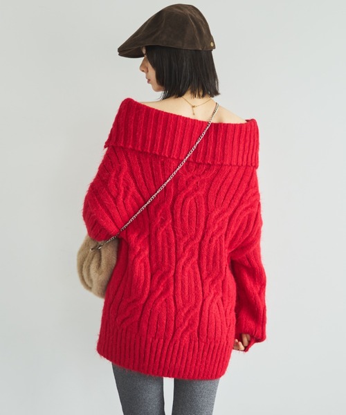 MIRROR STOKE（ミラーストーク）の「【ZOZO限定】2WAY CABLE OFF‐SHOULDER KNIT/ツーウェイケーブルオフショルダーニット（ニット/セーター・レディース・グレー/レッド/アイボリー・MEDIUM）」の12枚目の写真
