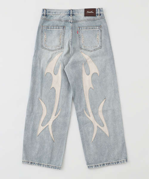 SUPPLIER（サプライヤー）の「SUPPLIER / サプライヤー Cross Leather Baggy Denim（デニムパンツ・メンズ・ブラック/ブルー・MEDIUM/LARGE）」の4枚目の写真