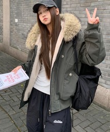 ファーフード付き フリース内張りミリタリージャケット ダウン風アウター
