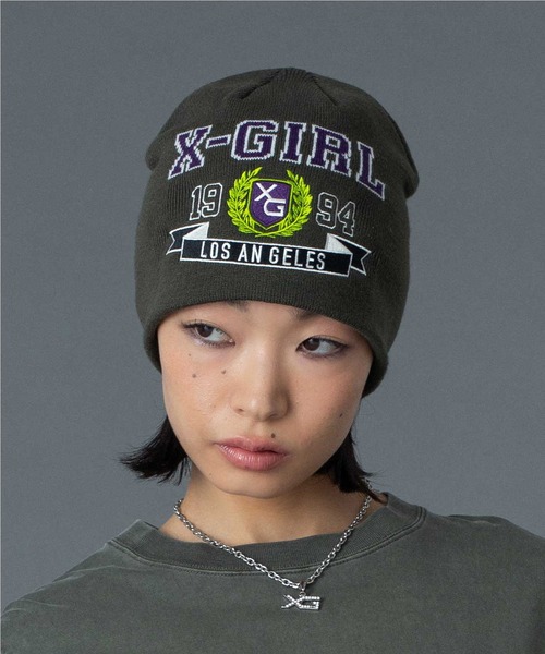 正規品　 ニット帽　ビーニー　黒　ラメ　帽子　CCマーク COLLEGE LOGO JACQUARD BEANIE（ニットキャップ/ビーニー）｜X-girl