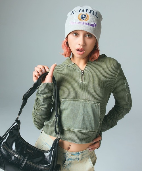 X-girl(エックスガール)の「COLLEGE LOGO JACQUARD BEANIE(ニットキャップ/ビーニー・レディース・ブラック/オリーブ/グレー・ONE SIZE)」の6枚目の写真