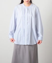 【L~5L 大きいサイズ】クリアローンフロントピンタックバンドカラーシャツ