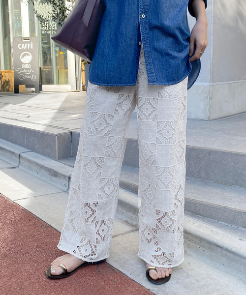 SLOBE IENA（スローブイエナ）の「コットンレースイージーパンツ（その他パンツ・レディース・ブラック/ホワイト・36/38）」の2枚目の写真
