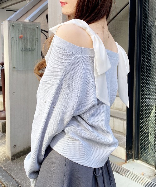 INGNI（イング）の「肩リボン装飾付ニットカーディガン（カーディガン/ボレロ・レディース・アイボリー/サックスブルー/ライトグレー/ピンク・M）」の9枚目の写真