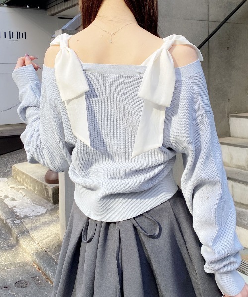 INGNI（イング）の「肩リボン装飾付ニットカーディガン（カーディガン/ボレロ・レディース・アイボリー/サックスブルー/ライトグレー/ピンク・M）」の10枚目の写真