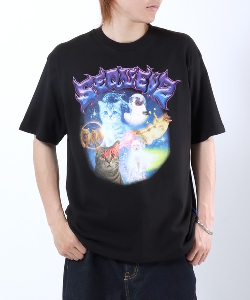 Salong hameu(サロン ハミュー)の「ユニバース キャットTシャツ/宇宙 猫 フォトプリント/韓国ストリート/Y2K/アニマルグラフィック/ビッグシルエット(Tシャツ/カットソー・メンズ・ホワイト/ブラック/ネイビー/ピンク・S/M/L)」の16枚目の写真