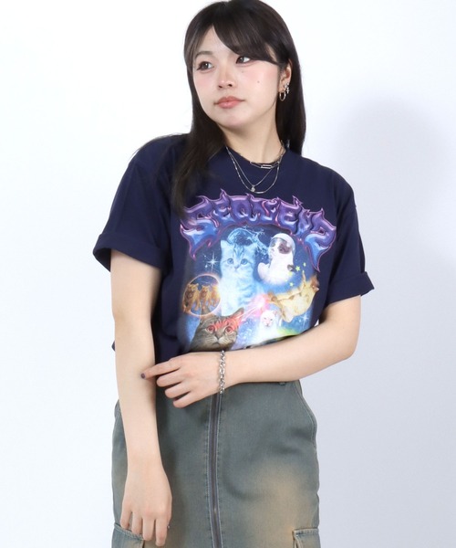 Salong hameu(サロン ハミュー)の「ユニバース キャットTシャツ/宇宙 猫 フォトプリント/韓国ストリート/Y2K/アニマルグラフィック/ビッグシルエット(Tシャツ/カットソー・メンズ・ホワイト/ブラック/ネイビー/ピンク・S/M/L)」の19枚目の写真