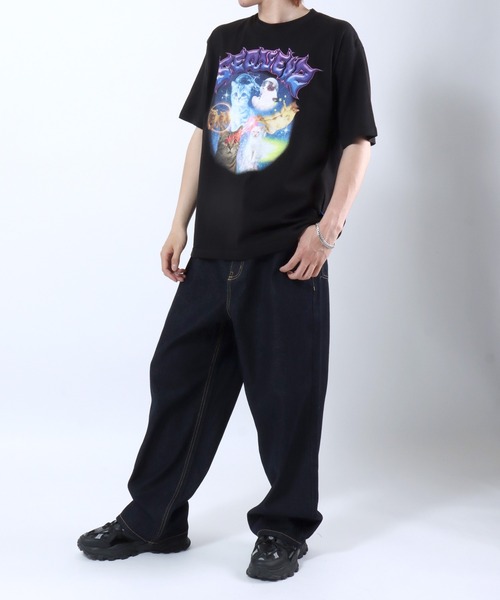 Salong hameu(サロン ハミュー)の「ユニバース キャットTシャツ/宇宙 猫 フォトプリント/韓国ストリート/Y2K/アニマルグラフィック/ビッグシルエット(Tシャツ/カットソー・メンズ・ホワイト/ブラック/ネイビー/ピンク・S/M/L)」の18枚目の写真