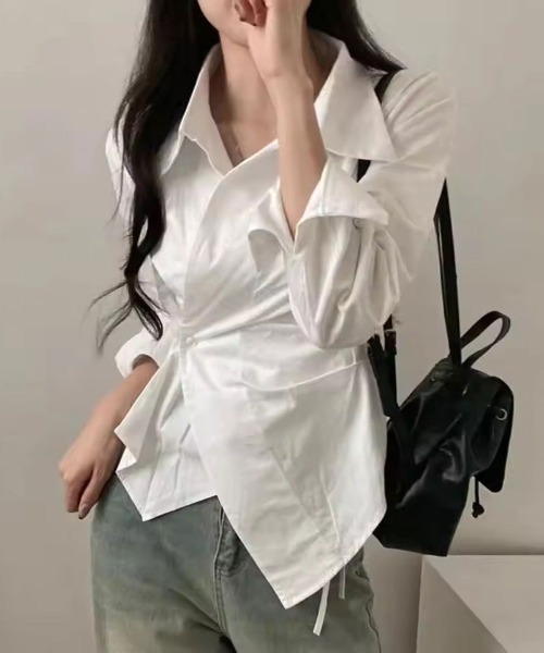 ammy.（エイミードット）の「【 ammy. / エイミードット 】 ウエストマーク ラップ シルエット シャツ（シャツ/ブラウス・レディース・ブルー系/ホワイト・FREE）」の2枚目の写真