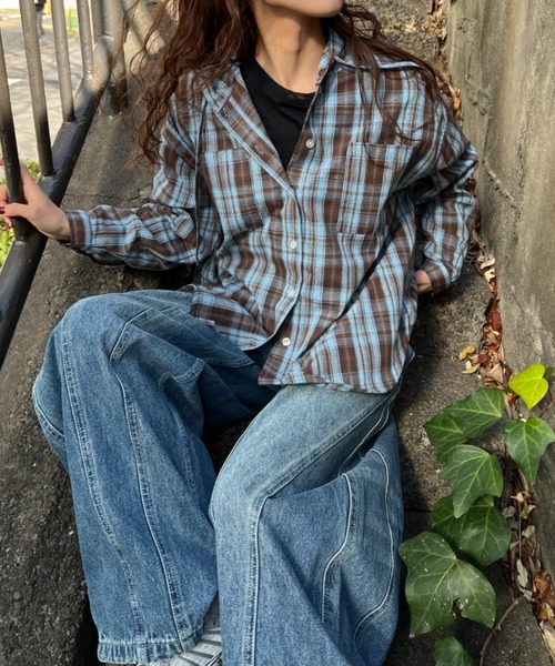 A.D.C.L.(エーディーシーエル)の「チェック柄 フード付き シャツ(シャツ/ブラウス・レディース・ブラック/ライトブルー・L/M)」の7枚目の写真