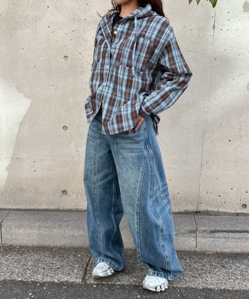 A.D.C.L.(エーディーシーエル)の「チェック柄 フード付き シャツ(シャツ/ブラウス・レディース・ブラック/ライトブルー・L/M)」の6枚目の写真