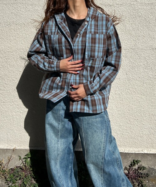 A.D.C.L.(エーディーシーエル)の「チェック柄 フード付き シャツ(シャツ/ブラウス・レディース・ブラック/ライトブルー・L/M)」の9枚目の写真