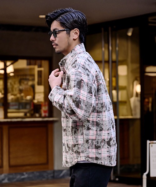 BENUSTA（ベヌスタ）の「『BENUSTA/ベヌスタ』ケミカルブリーチ ダメージチェックシャツジャケット【GC】（ブルゾン・メンズ・ピンク/ブルー・L/M）」の8枚目の写真