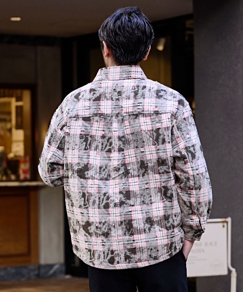 BENUSTA（ベヌスタ）の「『BENUSTA/ベヌスタ』ケミカルブリーチ ダメージチェックシャツジャケット【GC】（ブルゾン・メンズ・ピンク/ブルー・L/M）」の9枚目の写真
