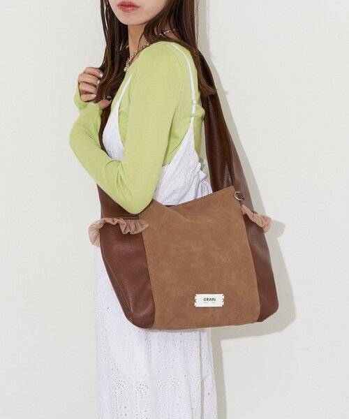 GRAIN（グレイン）の「【GRAIN/グレイン】スウェードドッキングチュールトートバック（トートバッグ・レディース・ブラウン/アイボリー/グリーン・FREE）」の9枚目の写真