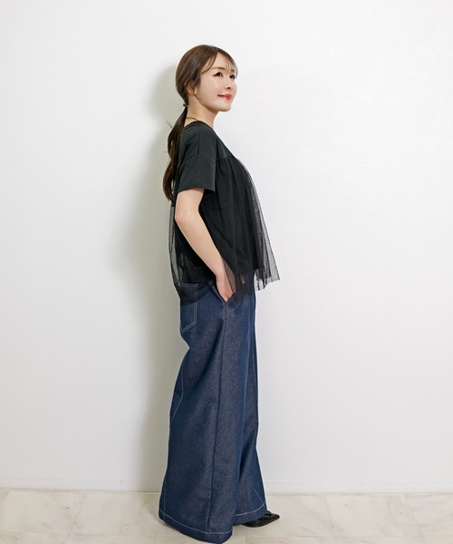 Belta attrice（ベルタアトリーチェ）の「チュールドッキング異素材フレンチスリーブTシャツ（Tシャツ/カットソー・レディース・グレイッシュベージュ/ブラック/ホワイト・FREE）」の5枚目の写真