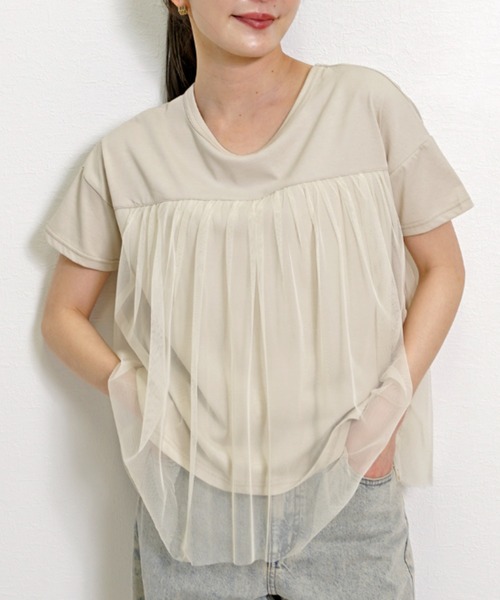 Belta attrice（ベルタアトリーチェ）の「チュールドッキング異素材フレンチスリーブTシャツ（Tシャツ/カットソー・レディース・グレイッシュベージュ/ブラック/ホワイト・FREE）」の22枚目の写真