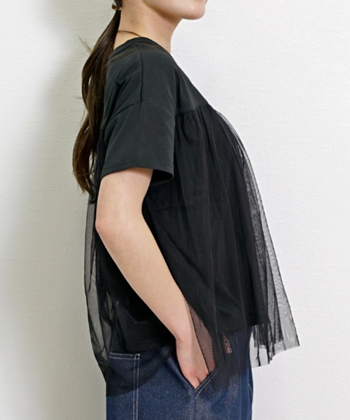 Belta attrice（ベルタアトリーチェ）の「チュールドッキング異素材フレンチスリーブTシャツ（Tシャツ/カットソー・レディース・グレイッシュベージュ/ブラック/ホワイト・FREE）」の20枚目の写真