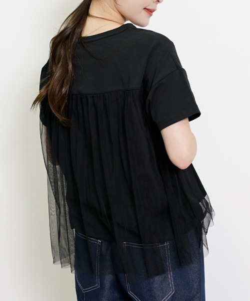 Belta attrice（ベルタアトリーチェ）の「チュールドッキング異素材フレンチスリーブTシャツ（Tシャツ/カットソー・レディース・グレイッシュベージュ/ブラック/ホワイト・FREE）」の21枚目の写真