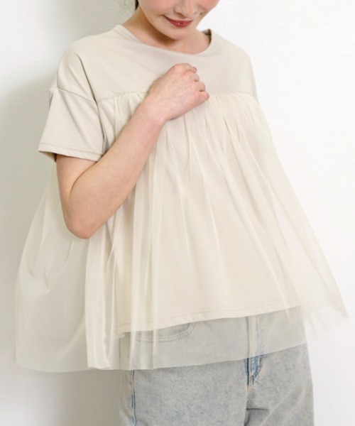 Belta attrice（ベルタアトリーチェ）の「チュールドッキング異素材フレンチスリーブTシャツ（Tシャツ/カットソー・レディース・グレイッシュベージュ/ブラック/ホワイト・FREE）」の14枚目の写真