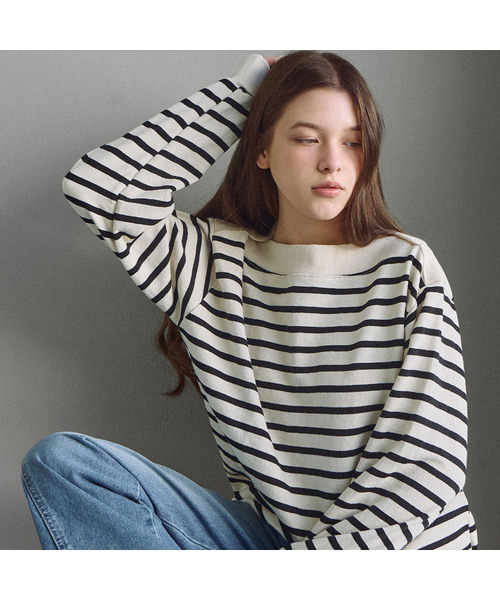 Boat neck stripe oversized sweatshirt_2 Colors