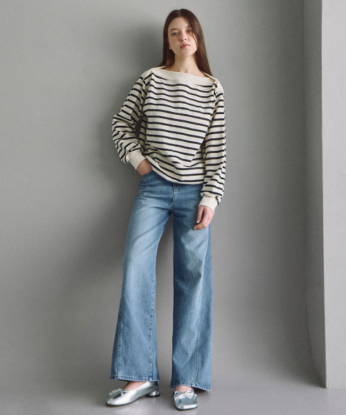 SLOWLOLLI(スローローリ)の「Boat neck stripe oversized sweatshirt_2 Colors(Tシャツ/カットソー・レディース・ブラック/グレー・FREE)」の5枚目の写真