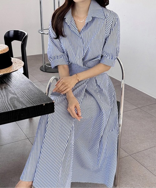 LUCPY(ラクピー)の「ストライプ カシュクールシャツワンピース(ワンピース・レディース・ブラック/ブルー・LARGE/MEDIUM/SMALL)」の4枚目の写真