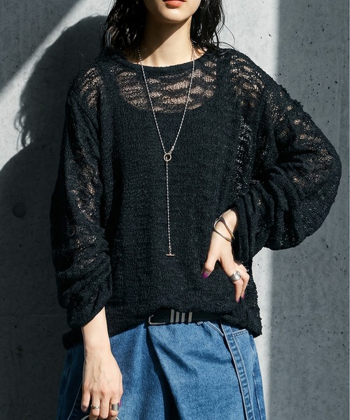 antiqua(アンティカ)の「透かし編み シアーニット(ニット/セーター・レディース・ベージュ/ブラック・ONESIZE)」の18枚目の写真