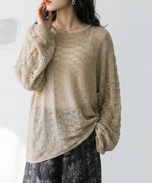 antiqua(アンティカ)の「透かし編み シアーニット(ニット/セーター・レディース・ベージュ/ブラック・ONESIZE)」の12枚目の写真