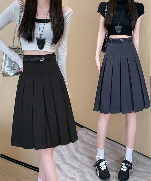 almo(アルモ)の「【Bls】 【ZL】【Bling Leads】韓国風ひざ丈 プリーツスカートベルト付き(BL)(スカート・レディース・ブラック・FREE)」の2枚目の写真
