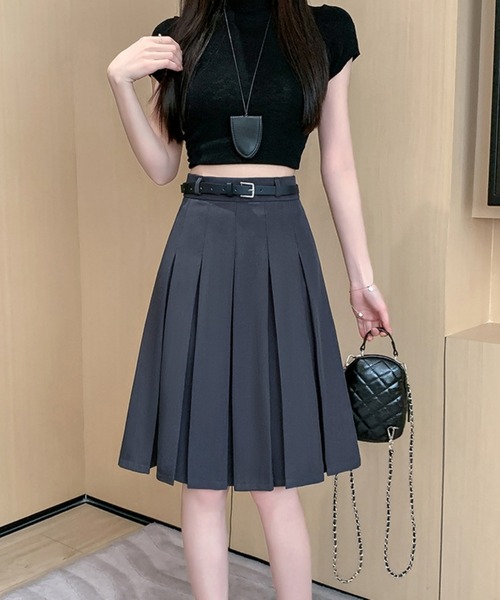 almo(アルモ)の「【Bls】 【ZL】【Bling Leads】韓国風ひざ丈 プリーツスカートベルト付き(BL)(スカート・レディース・ブラック・FREE)」の4枚目の写真