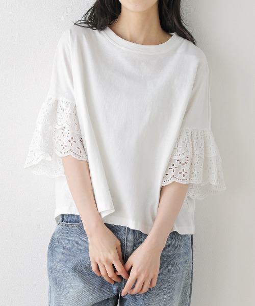 SUGAR BISKET(シュガービスケット)の「レース袖 ドッキングトップス(Tシャツ/カットソー・レディース・ホワイト/ブラック/ブルー系・フリー)」の1枚目の写真