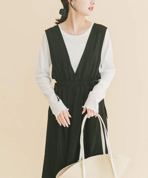 ITEMS URBANRESEARCH（アイテムズ アーバンリサーチ）の「ギャザージャンパースカート(ロングスリーブインナーセット)（ワンピース・レディース・モカ/チャコールグレー/ブラック・FREE）」の4枚目の写真