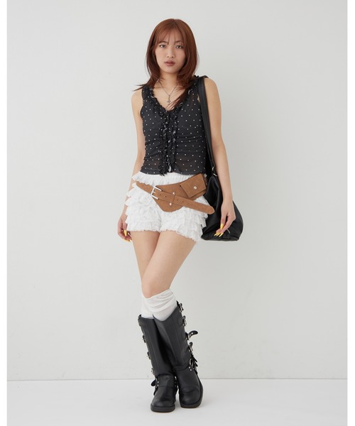 WHO'S WHO gallery（フーズフーギャラリー）の「センターフリルキャミ(チェック柄/ドット柄)（キャミソール・レディース・イエロー/ブラック系その他/オフホワイト/ブラック・FREE）」の6枚目の写真