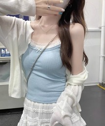 【カップイン】フェイクレイヤード フロントリボンリブ キャミソール