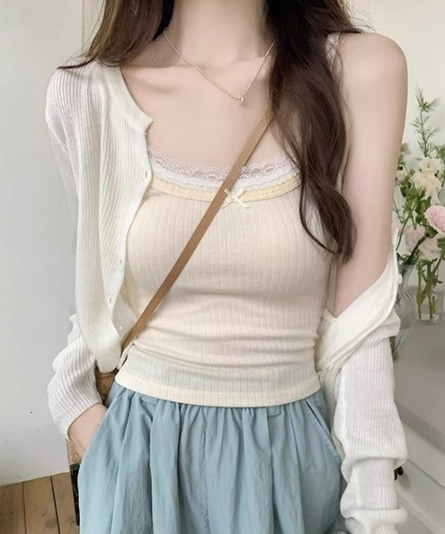 pyornim(ピョルニム)の「【カップイン】フェイクレイヤード フロントリボンリブ キャミソール(キャミソール・レディース・サックスブルー/アイボリー/ブラック/ホワイト・F)」の9枚目の写真
